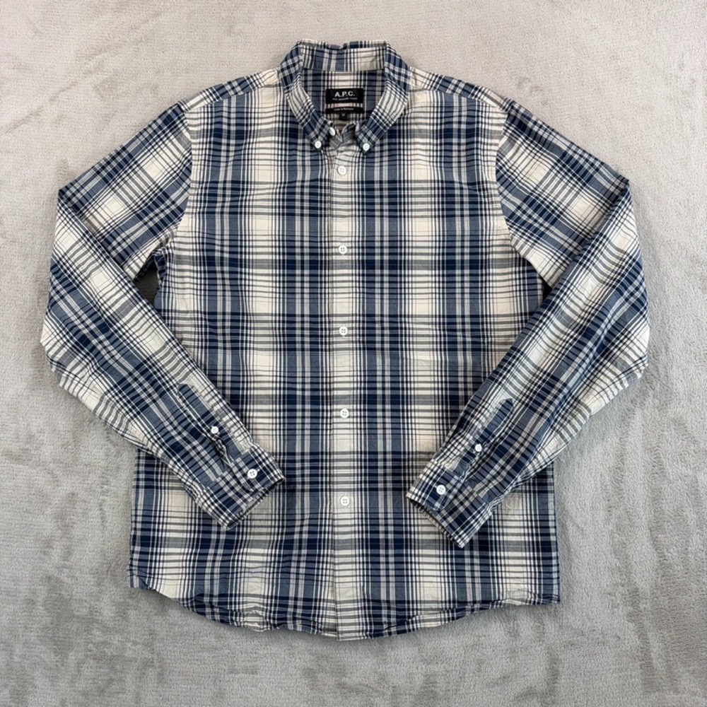 APC Rue Madame Paris Shirt Mens Medium Blue Plaid Long Sleeve Designer Preppy